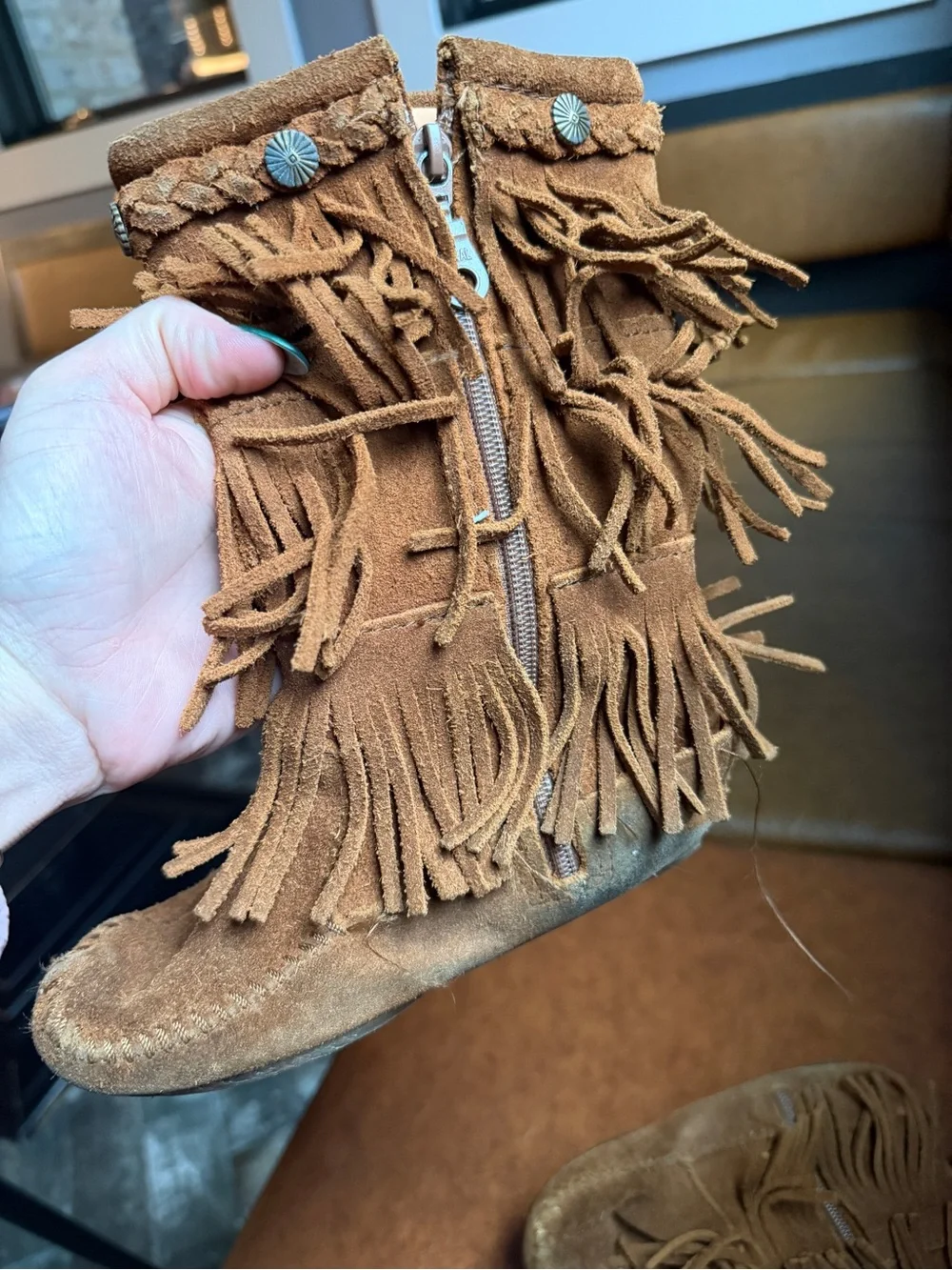 Minnetonka Fringe Suede Moccasin Boots in Cognac